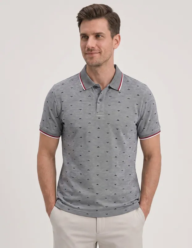 Navy Printed Cotton Polo Shirt - Brian Oak