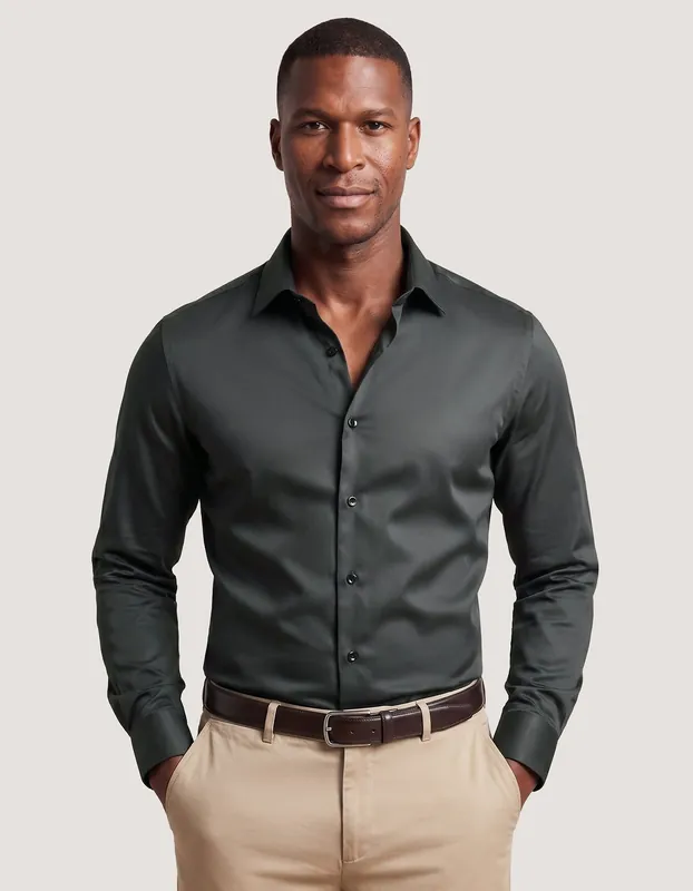 Charcoal Plain Satin Dress Shirt - Brian Oak