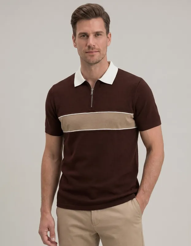 Brown Zip Neck Polo Shirt - Brian Oak