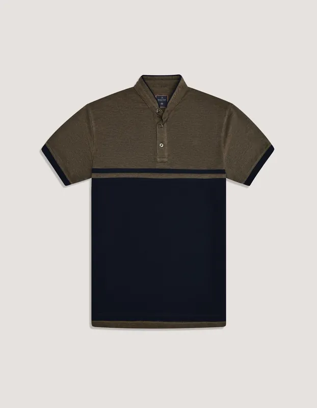 Contrast Navy Stand Collar Polo Shirt - Brian Oak