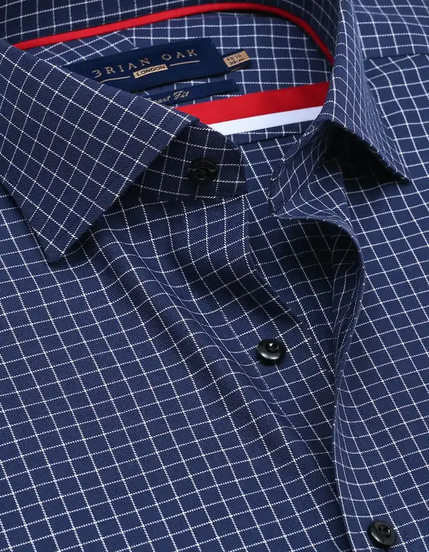 Smart Fit Navy Cotton Check Shirt - Brian Oak