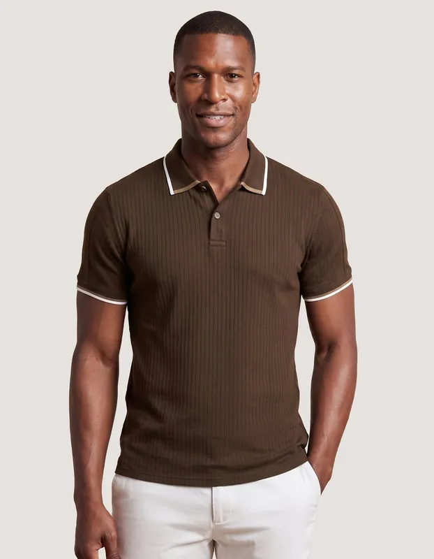 Brown Ribbed Cotton Polo Shirt - Brian Oak