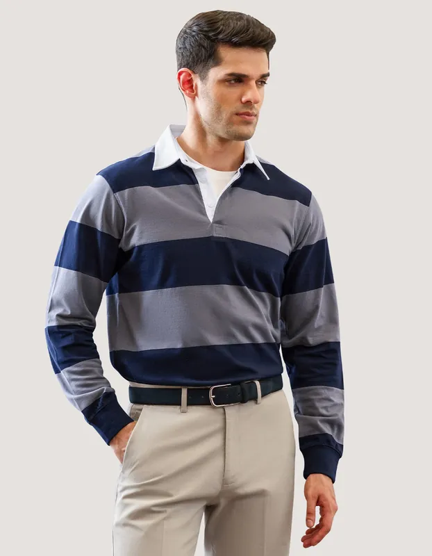 Grey and Navy Striped Relaxed Fit Rugby Shirt - Brian Oak