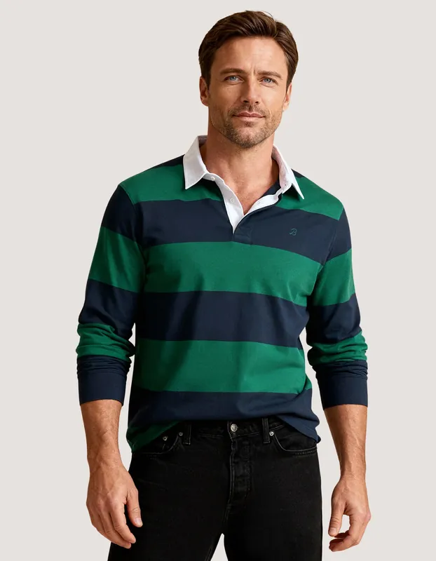 Navy & Green Relaxed Fit Striped Rugby Shirt - Brian Oak