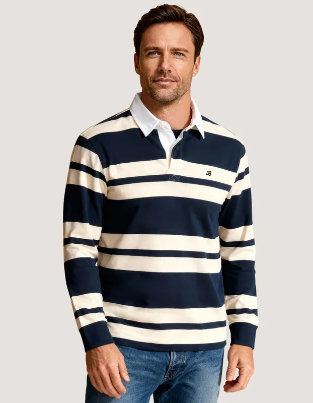 Navy Relaxed Fit Rugby Shirt with Cream Stripes - Brian Oak