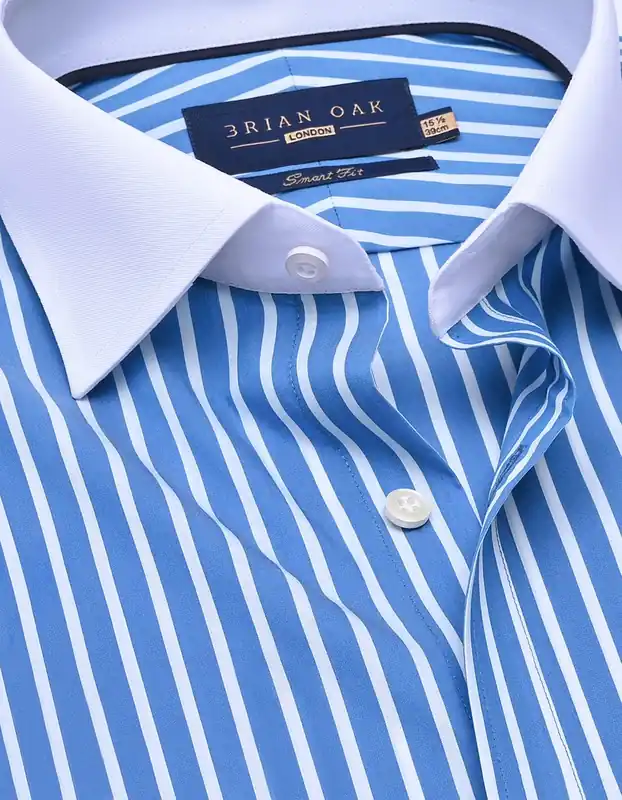 Blue Striped Shirt with Contrast Collar and Cuffs - Brian Oak