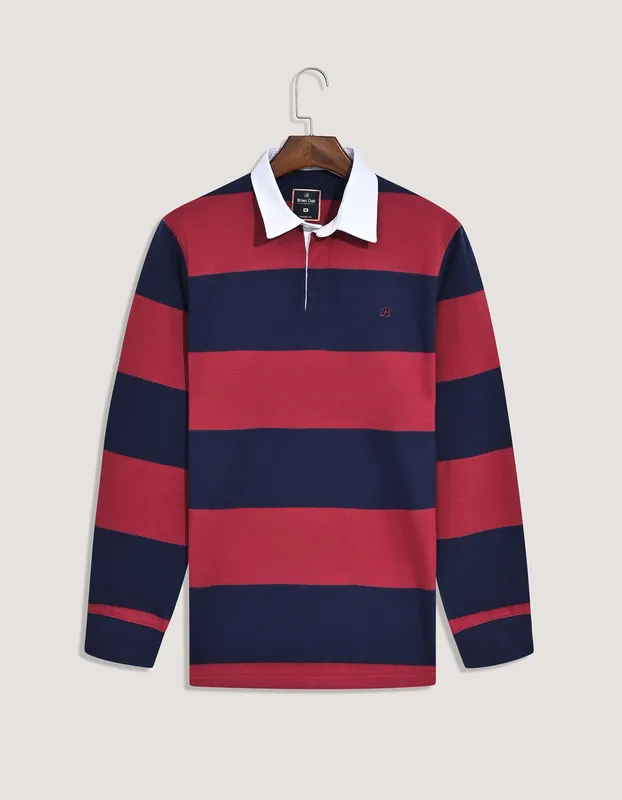 Maroon and Navy Striped Relaxed Fit Rugby Shirt - Brian Oak