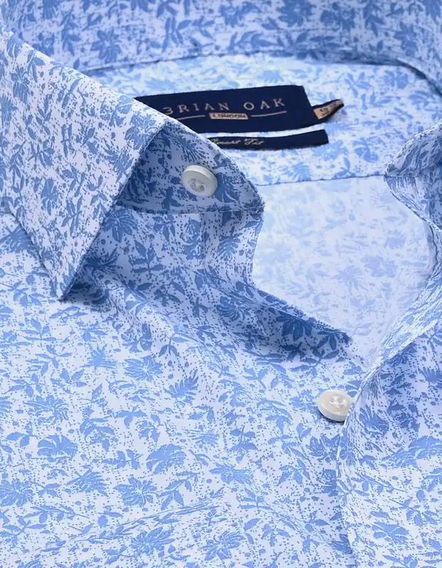 White and Sky Blue Botanical Print Formal Shirt - Brian Oak