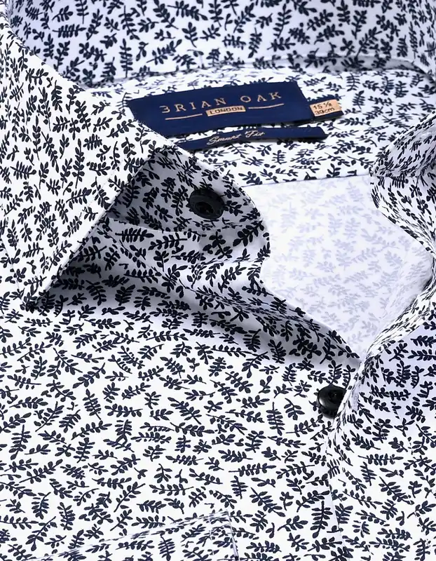 White Formal Shirt with Monochrome Leaf Print - Brian Oak