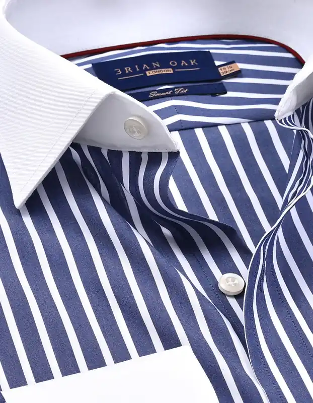 Navy Striped Cotton Shirt with Contrast Collar - Brian Oak
