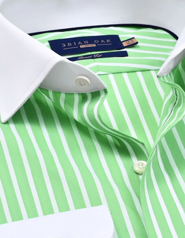 Light Green Striped Shirt with Contrast Collar & Cuffs - Brian Oak