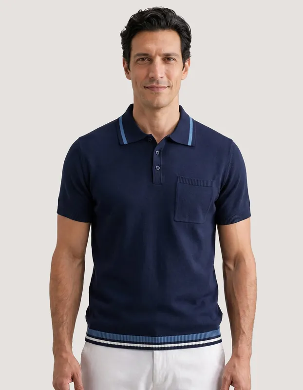 Navy Plain Fine Knit Polo - Brian Oak
