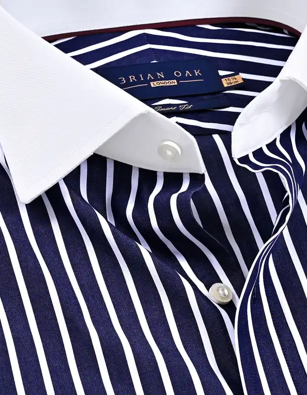 Contrast Collar Striped Navy Formal Shirt - Brian Oak