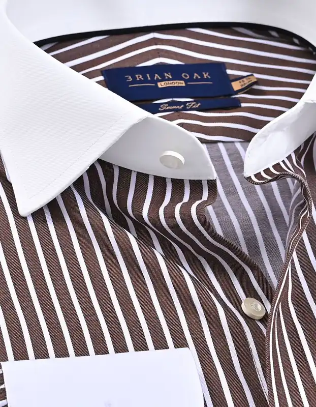 Contrast Collar Striped Brown Formal Shirt - Brian Oak