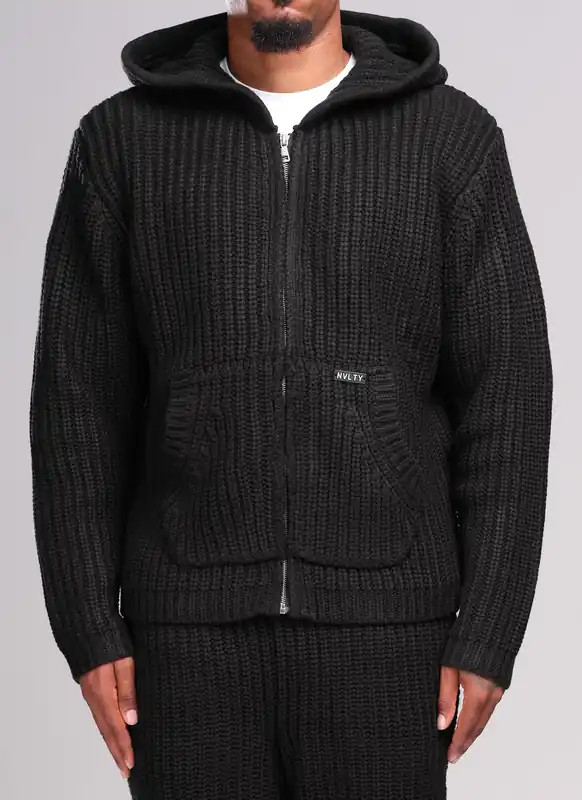 Heavyweight Knitted Zip Hoodie - Black