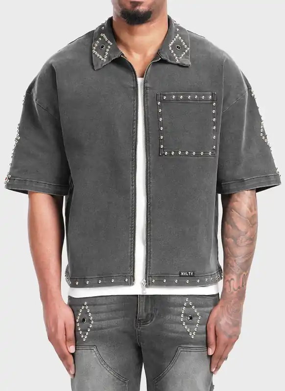 Vintage Studded Denim Shirt - Black