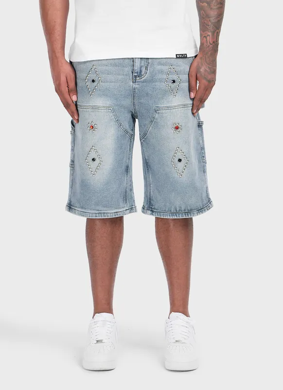 Vintage Carpenter Studded Denim Shorts - Blue