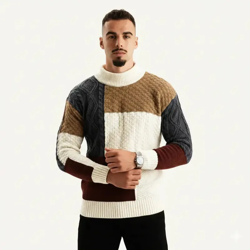 Herren Strickpullover Im Patchwork Design Mit Rundhalsausschnitt - Tom Hollinger