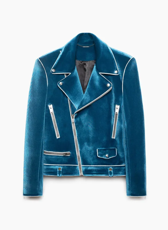 Blue Velvet Piped Biker Jacket - Jackets & Coats