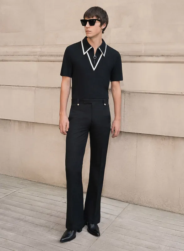 Black Wool Pin Belt Flare - Trousers