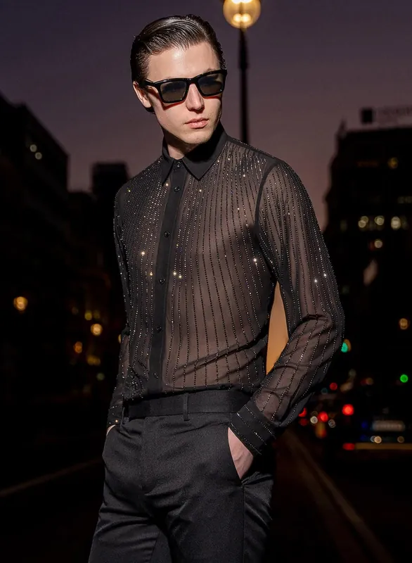 Black Chiffon Sequin Button Down Shirt - Shirts