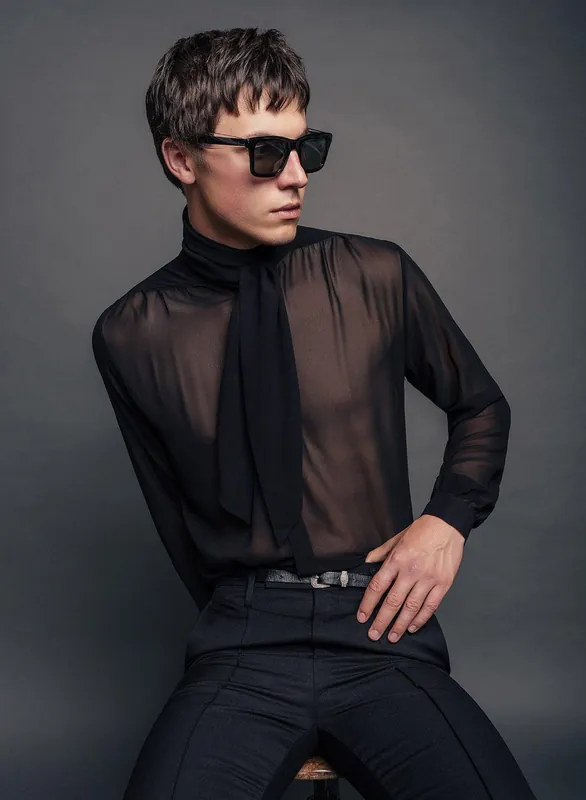 Black Semi Sheer Chiffon Scarf Tie Collar Shirt - Shirts