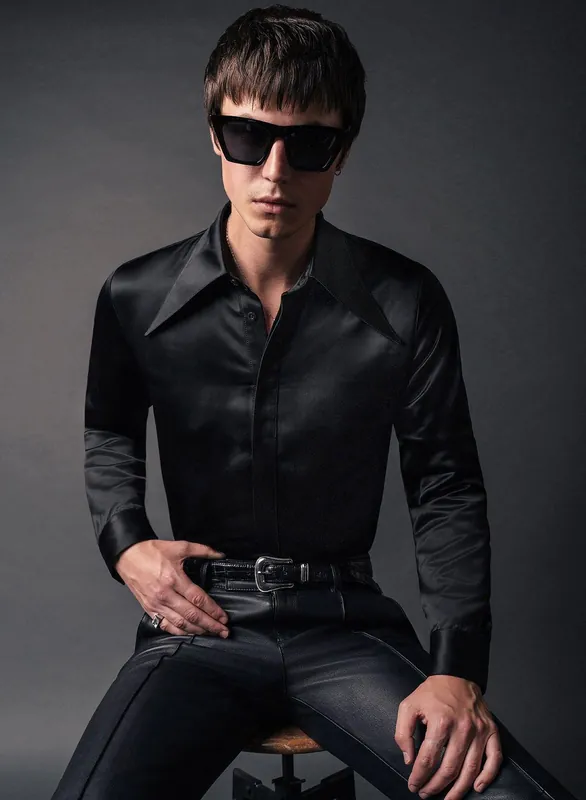 Black Satin Oversize Dagger Collar Shirt - Shirts