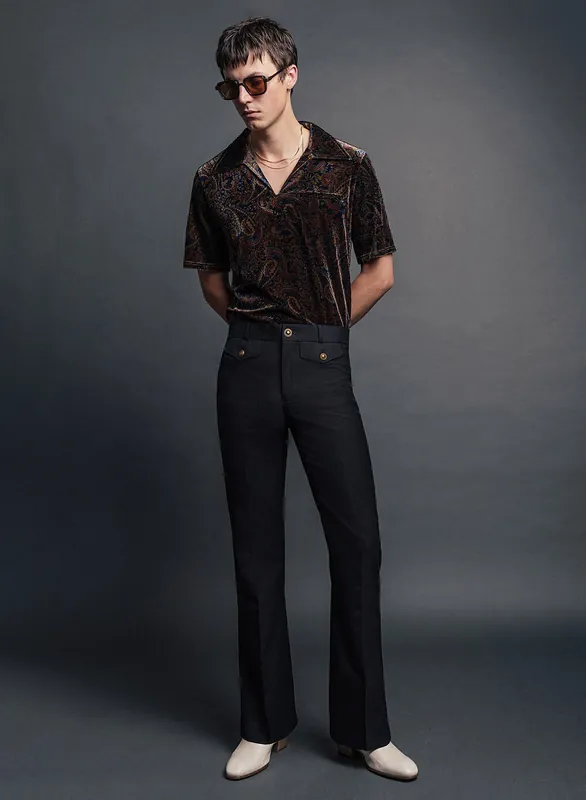 Black Wool Gold Button Flare Trouser - Trousers