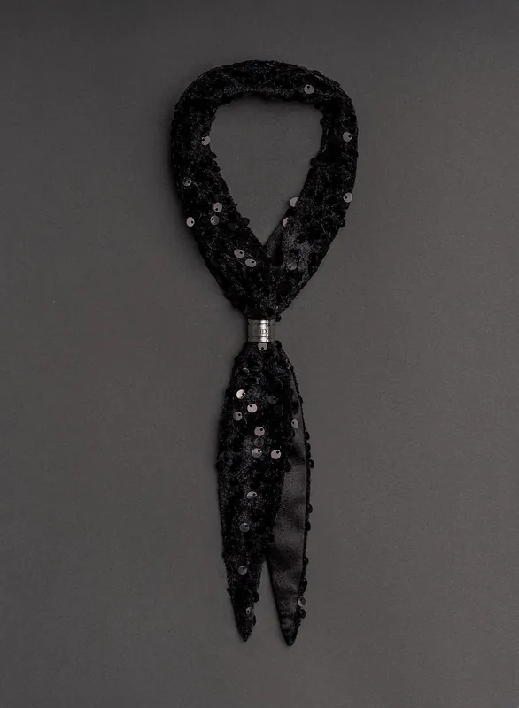Black Sequin Ring Tie Neck Scarf - Accessories