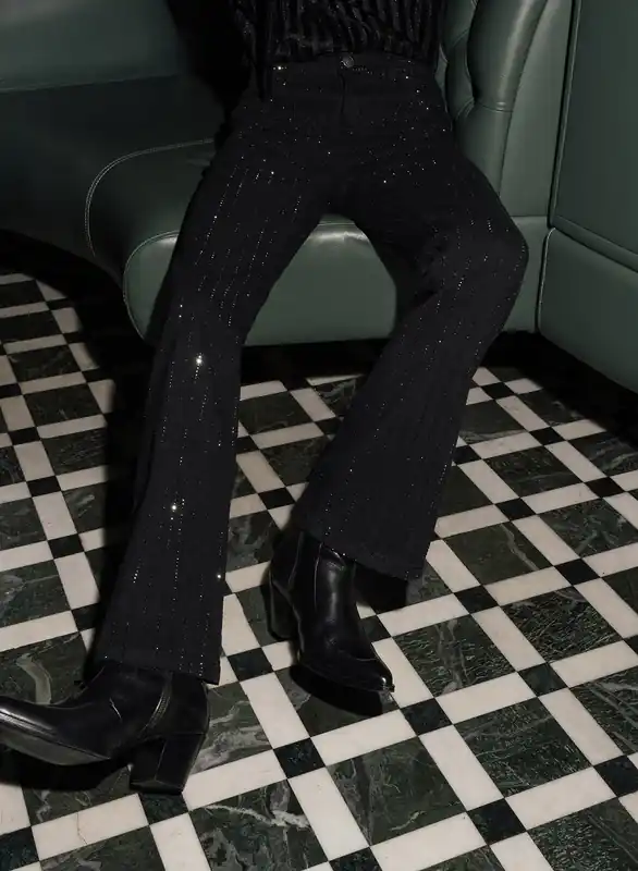 Black Diamante Pin Stripe Denim Flare Jeans - Trousers