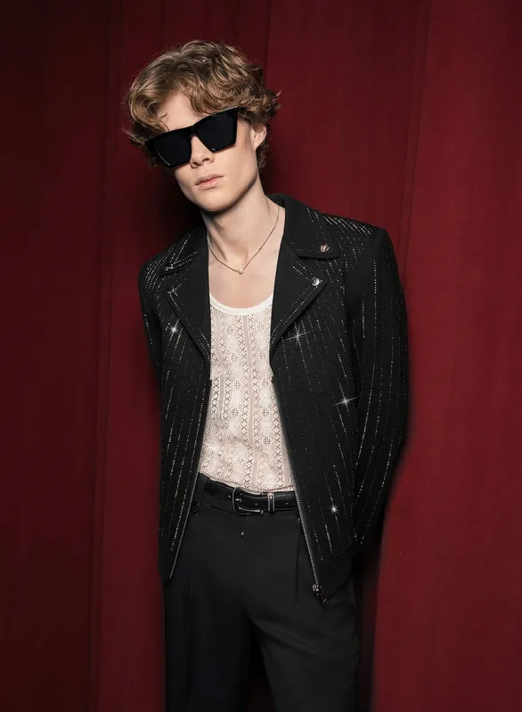 Black Embellished Rhinestone Biker Jacket - Jackets & Coats