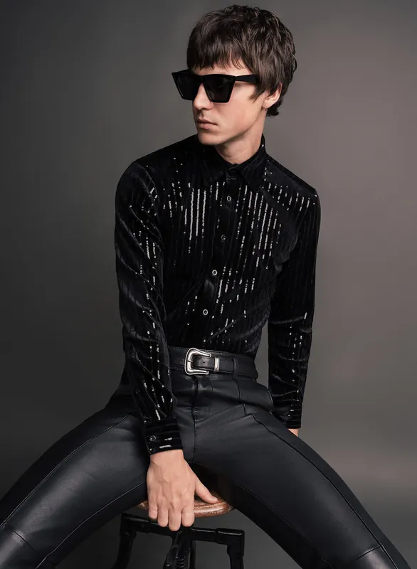 Black Velvet Sequin Pinstripe Shirt - Shirts
