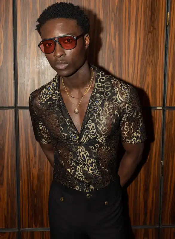 Black Lace Gold Short Sleeve Cuban Peacock Shirt - Shirts
