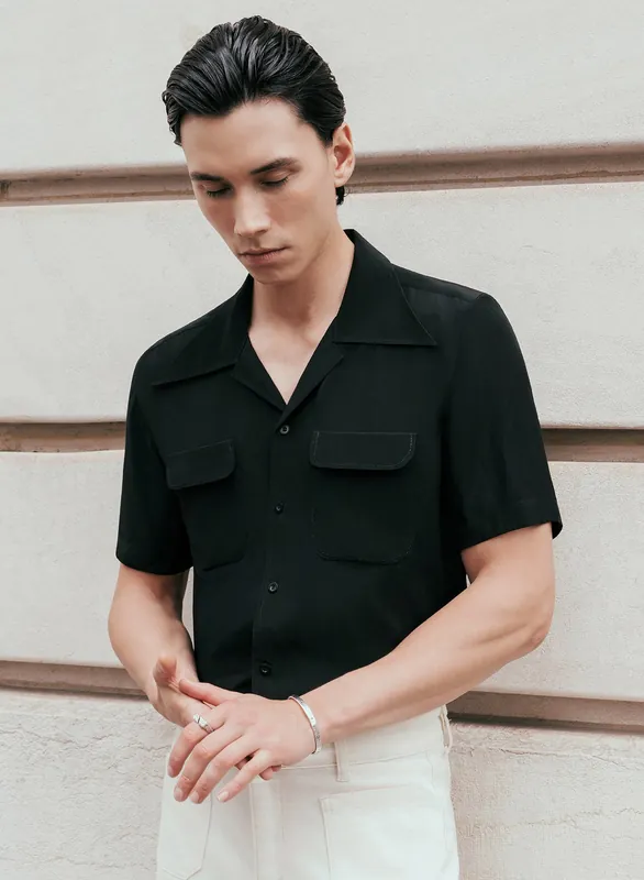 Black Exaggerated Cuban Collar Viscose Shirt - Shirts