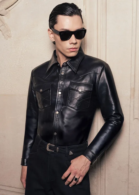 Black Leather Western Shirt - Shirts