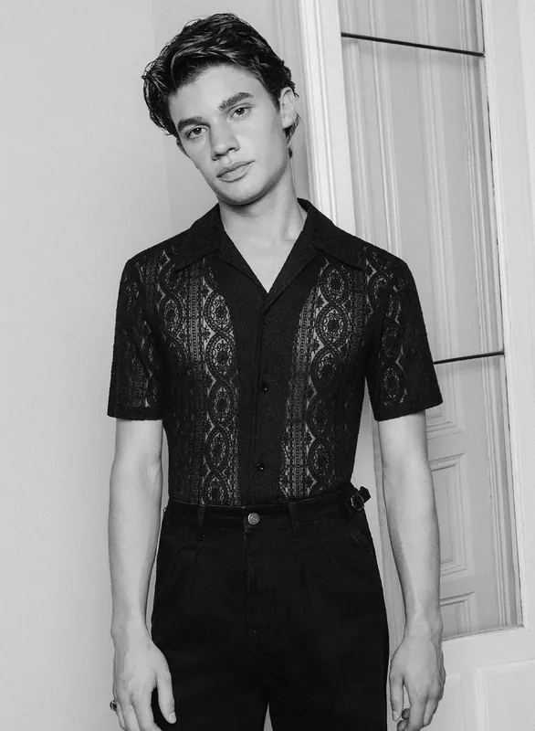 Short Sleeve Western Black Lace Embroidery Shirt - Shirts