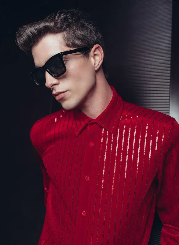 Red Velvet Sequin Pinstripe Shirt - Shirts