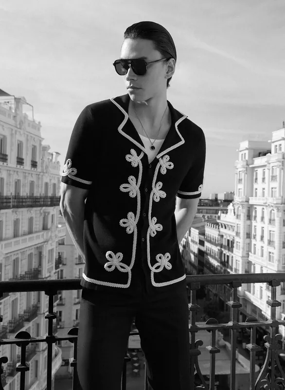 Black Embroidery Lace Knitted Cotton Polo - Shirts