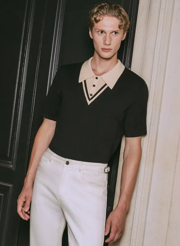 Black 60's Knitted Short Sleeve Polo - Shirts