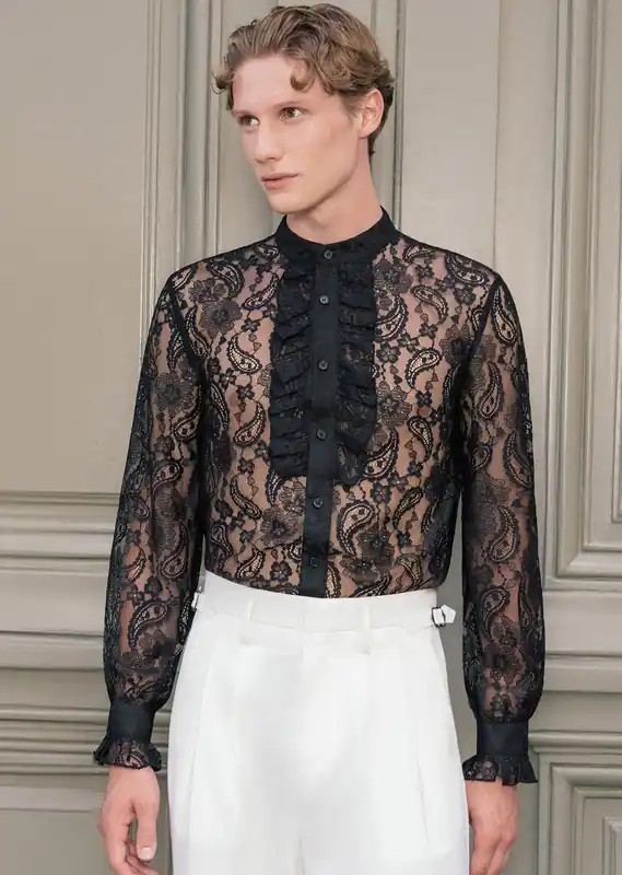 Black Lace Paisley Ruffle Shirt - Shirts
