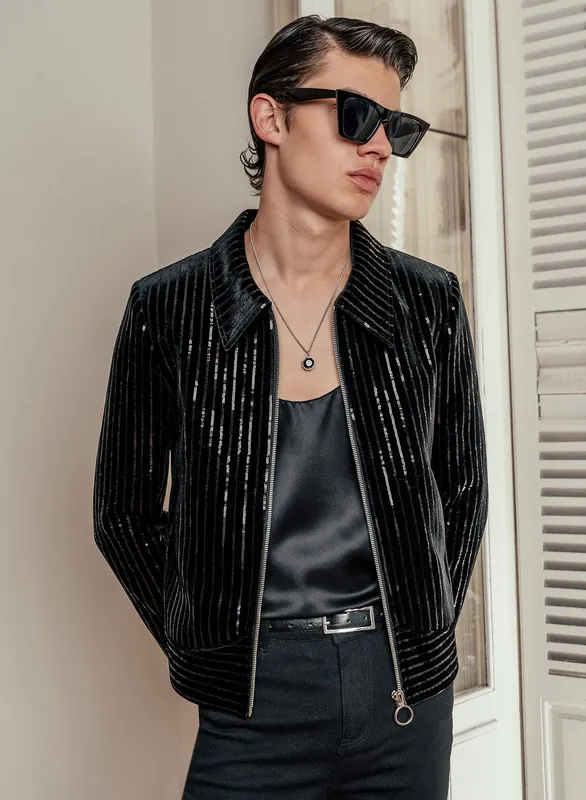 Black Velvet Sequin Pinstripe Jacket - Jackets & Coats