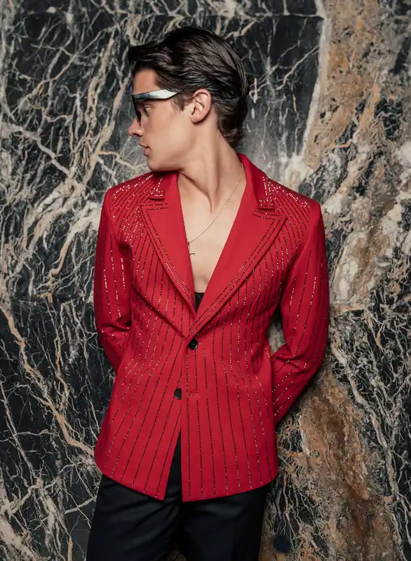 Red Embellished Rhinestone Sequin Blazer - Jackets & Coats
