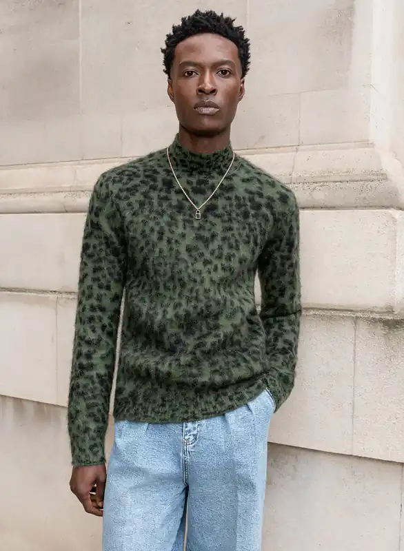 Green Leopard Mohair Mock Neck Jumper - Knitwear