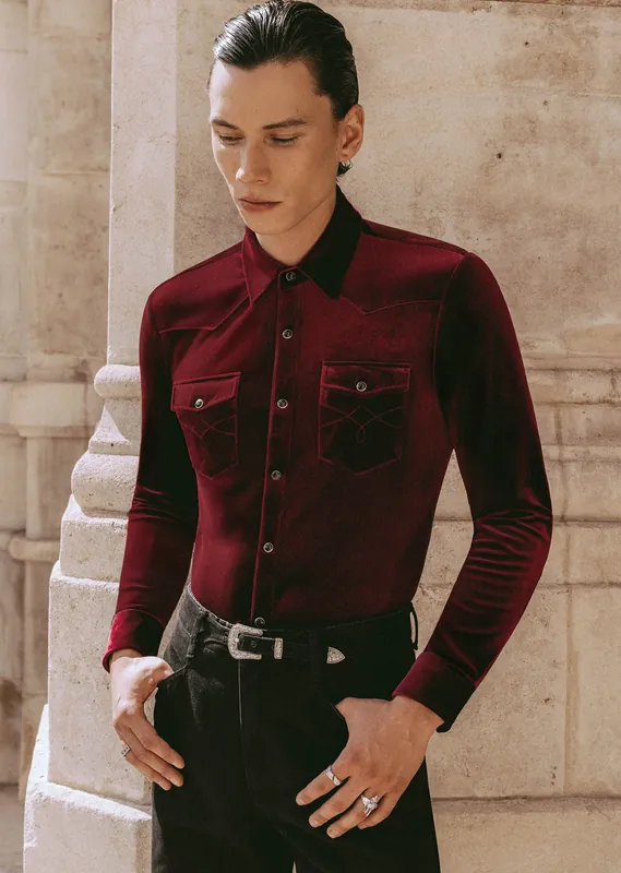 Burgundy Velvet 70's Western Shirt - Shirts