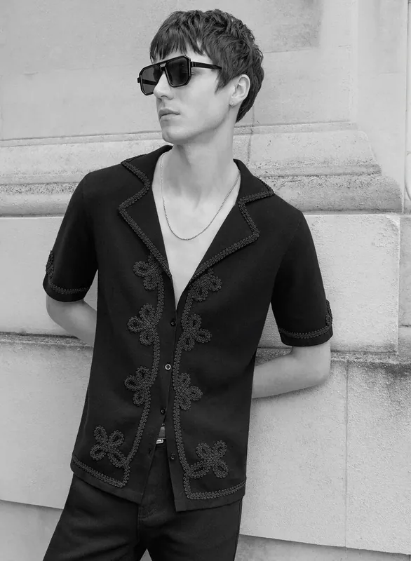 Black Embroidery Black Lace Knitted Cotton Polo - Shirts
