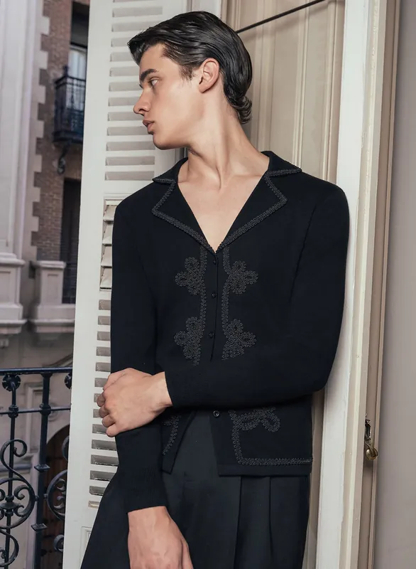 Long Sleeve Black Embroidery Black Lace Knitted Cotton Polo - Shirts