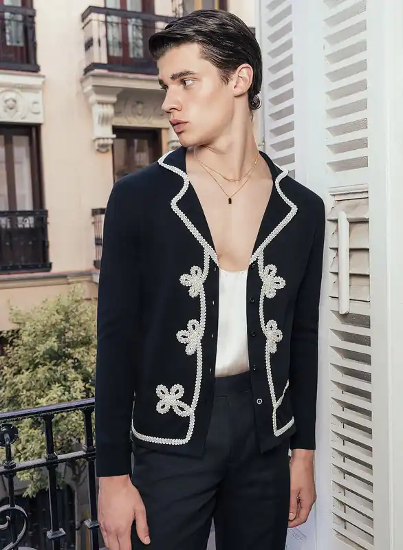 Long Sleeve Black Embroidery White Lace Knitted Cotton Polo - Shirts