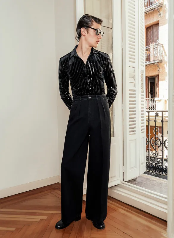 Black Denim Pleated Wide Leg Buckle Flare Jean - Trousers