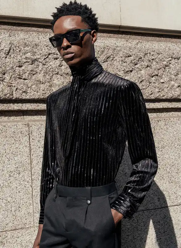 Black Sequin Velvet Scarf Neck Shirt - Shirts