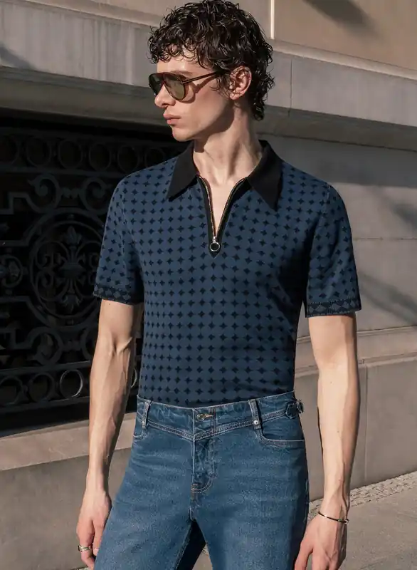 Navy Jacquard Circular Knitted Zip Polo - Shirts